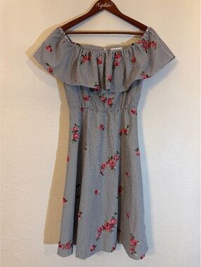 Calvin Klein Women’s Small Off Shoulder Striped Floral Embroidered Dress
